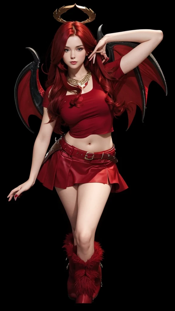 A beautiful girl in full body, with a red crop top, with a red skirt, with red dragon wings, with red furry boots and with long red hair.