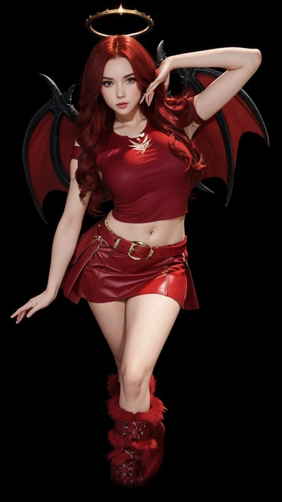 A beautiful girl in full body, with a red crop top, with a red skirt, with red dragon wings, with red furry boots and with long red hair.