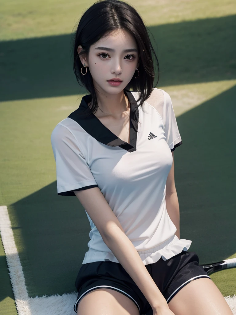 absurdres, RAW photo, extremely delicate and beautiful, masterpiece, Best Quality, ultra high resolution, 32k, hyperrealistic, ultra-detailed, in her 20s, delicate facial features, tearful mole, earring, medium breasts, full body shot, shorter middle hair, black hair, ((tennis uniform)), shirt, shorts,