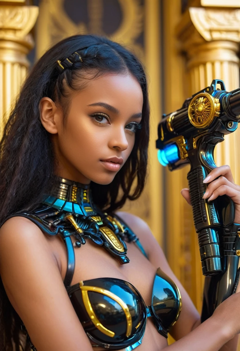 close-up, without clothes cute sexual black brazilian 17 years girl wears an insectoid exoskeleton made from glass parts,holds in hand and shoots me from high tech pulse neon gun , looking at me, flirt, love me, cybernetic parts of body, straight hair, against the backdrop gold Egyptian columns, ultra high quality detailing