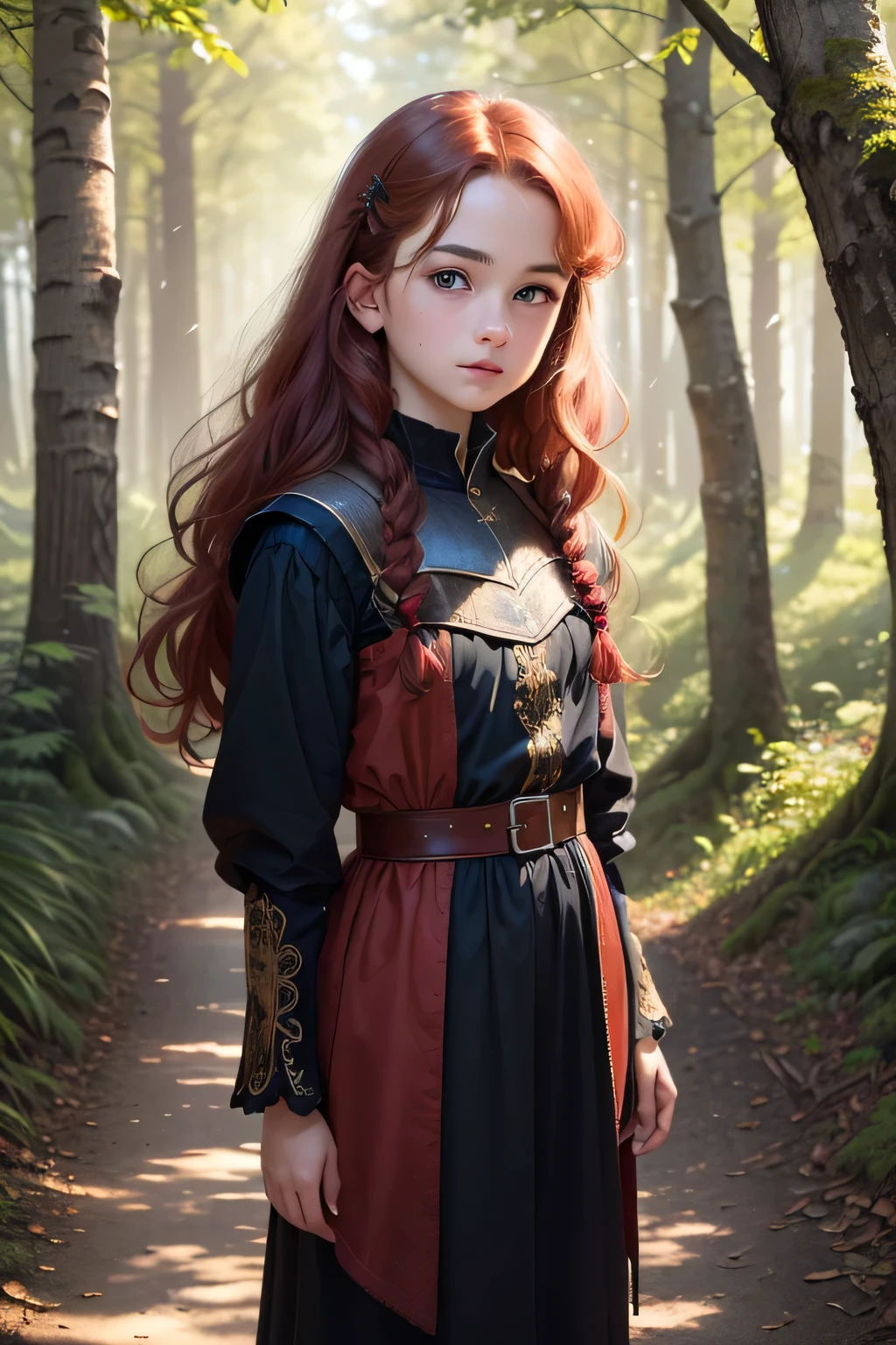 ((best quality)), ((masterpiece)), (detailed), Prize-winning works, with incredible details, maximum textures and details, uhd ,super resolution , 1 portrait of a red-haired girl,beautiful  face, standing on a path in a magical forest, developing hair, wavy, wearing a medieval dress  ,fully body (10 year old young man :1.1,detailedeyes, face detailed, whole body:1.1,the background is a forest ),(best qualityer:1.2,ultra detali:1.1,realisitic:1.37) ,eyeshadows,sharp focus,swirly vibrant colors,), (twilight), 8K