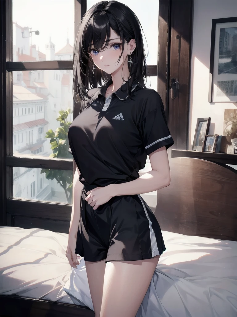 absurdres, RAW photo, extremely delicate and beautiful, masterpiece, Best Quality, ultra high resolution, 32k, hyperrealistic, ultra-detailed, in her 20s, delicate facial features, tearful mole, earring, medium breasts, full body shot, shorter middle hair, black hair, tennis uniform, shirt, shorts,