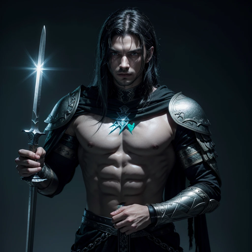 Man warrior with green eyes ,blackquality hair, draped over the shoulders, black clothes with silver details, two swords crossed on the back and one held in the hands, with a blue aura surrounding your body.

