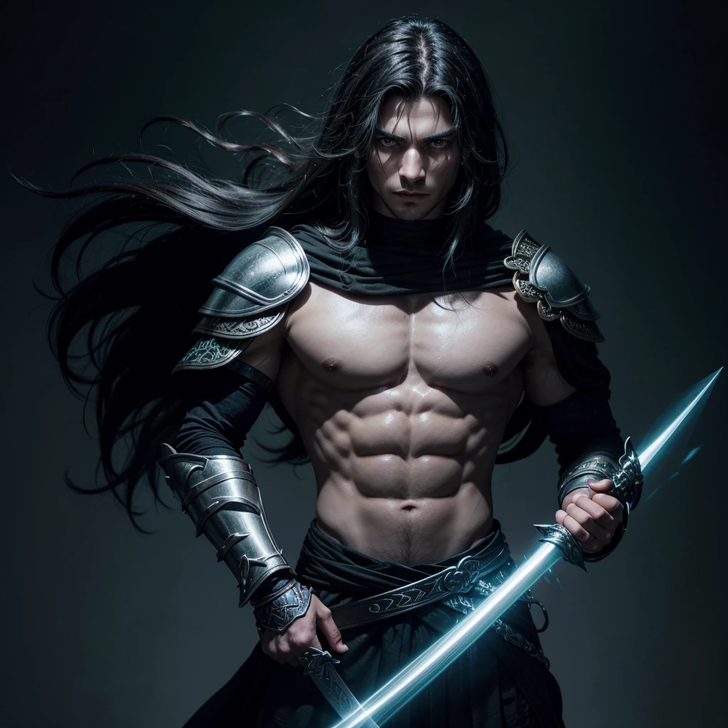 Man warrior with green eyes ,blackquality hair, draped over the shoulders, black clothes with silver details, two swords crossed on the back and one held in the hands, with a blue aura surrounding your body.