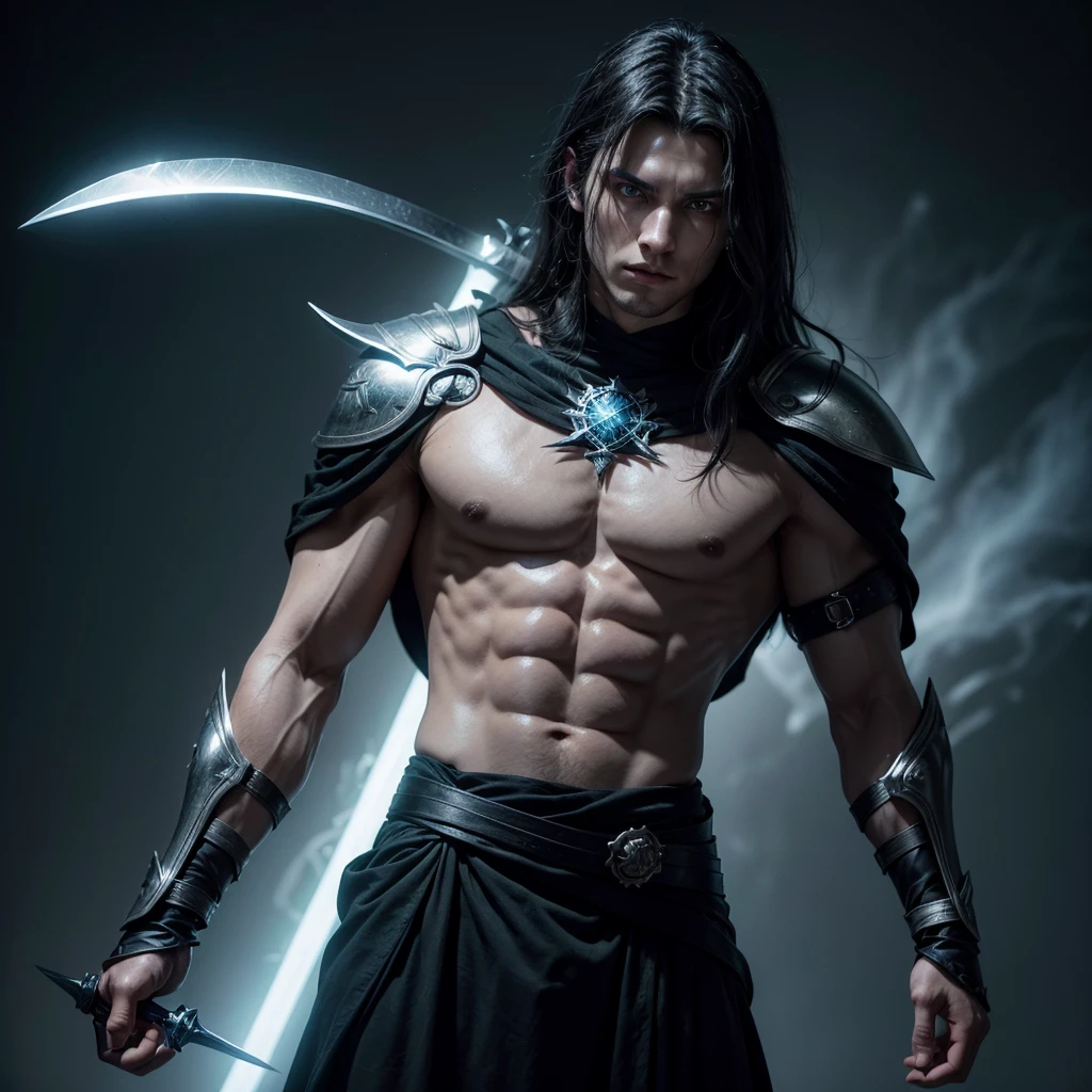 Man warrior with green eyes ,blackquality hair, draped over the shoulders, black clothes with silver details, two swords crossed on the back and one held in the hands, with a blue aura surrounding your body.