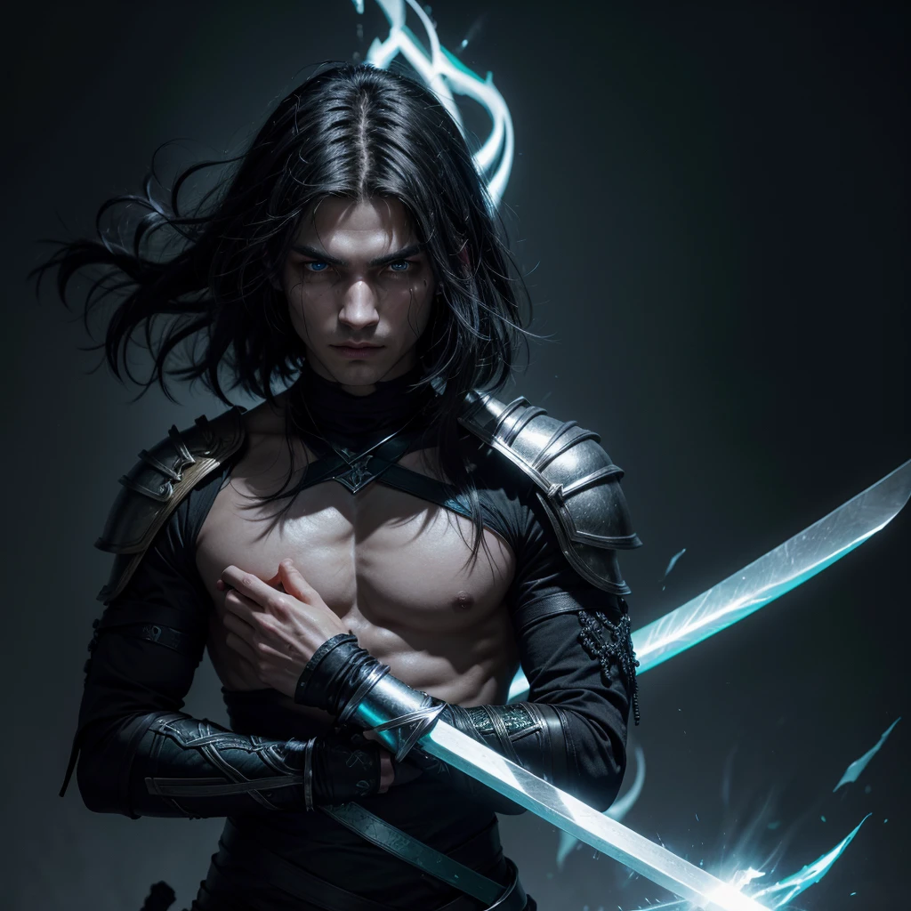 Man warrior with green eyes ,blackquality hair, draped over the shoulders, black clothes with silver details, two swords crossed on the back and one held in the hands, with a blue aura surrounding your body.

