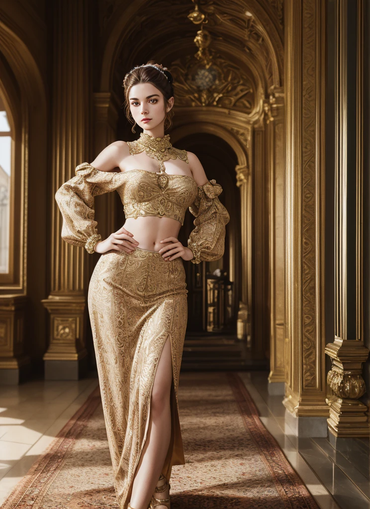 fulllength, 1 girl, perfect body, perfect face, fantasy noblewoman, brown hair tied in a bun, hazel eyes, wearing elegant clothing, standing in a palace, midriff, kind welcoming face, large breasts