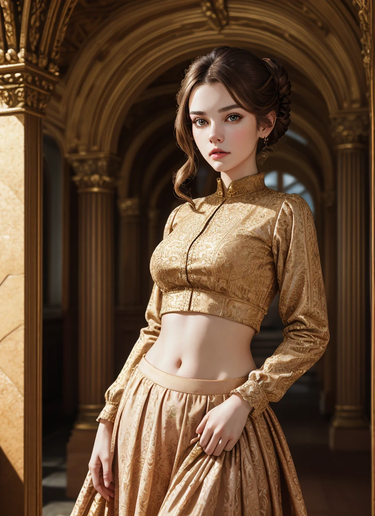 fulllength, 1 girl, perfect body, perfect face, fantasy noblewoman, brown hair tied in a bun, hazel eyes, wearing elegant clothing, standing in a palace, midriff, kind welcoming face, large breasts