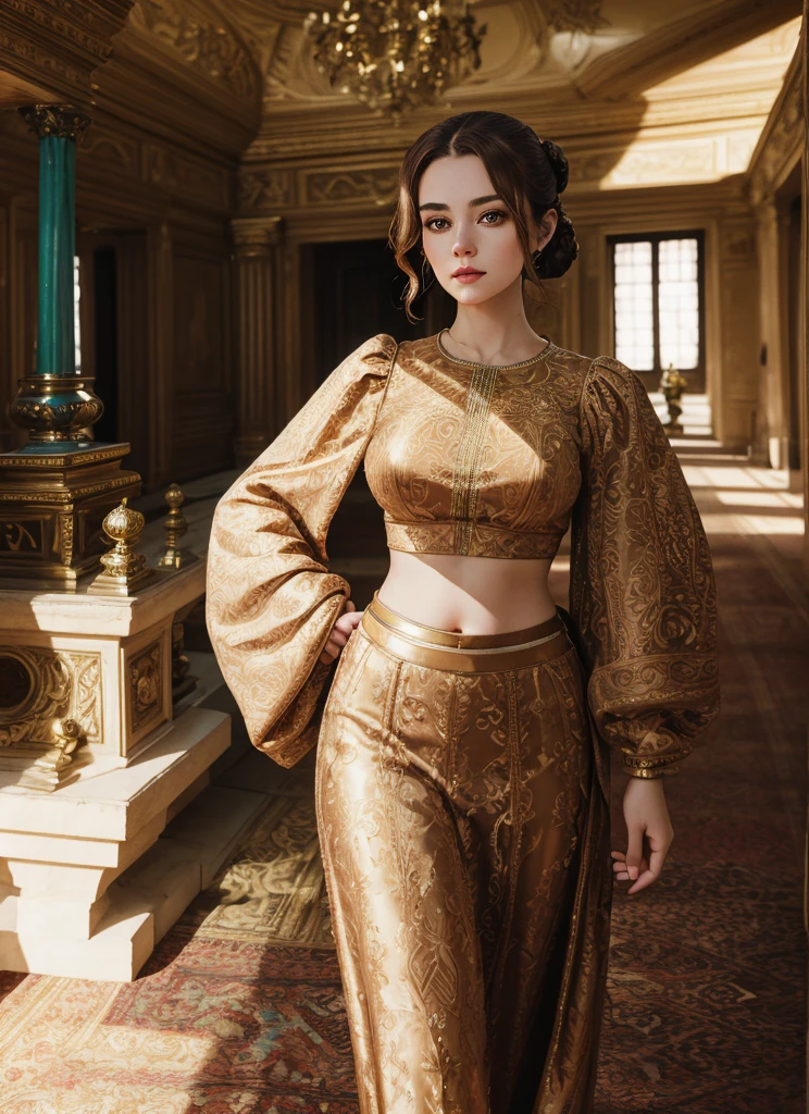 fulllength, 1 girl, perfect body, perfect face, fantasy noblewoman, brown hair tied in a bun, hazel eyes, wearing elegant clothing, standing in a palace, midriff, kind welcoming face, large