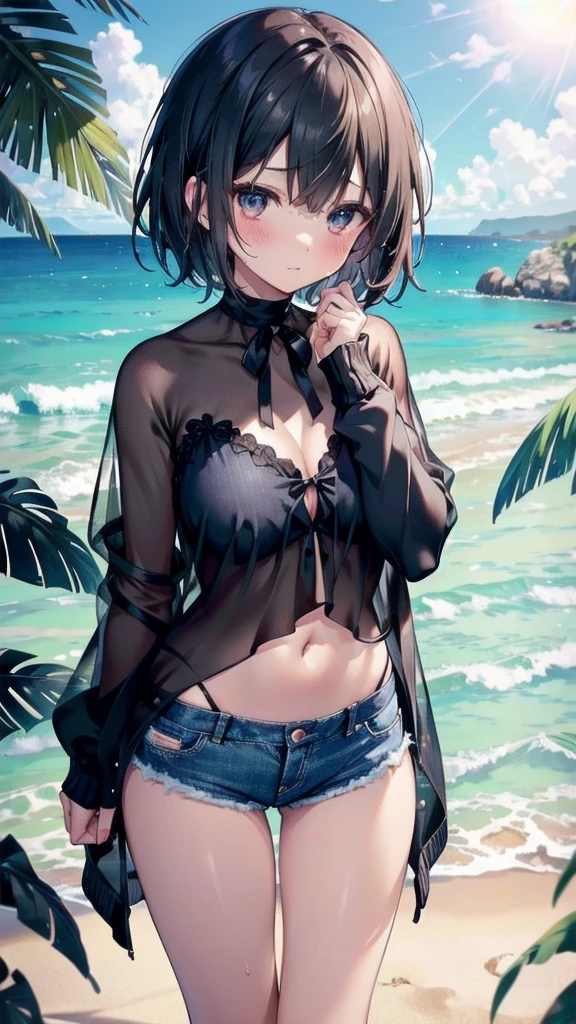 Shy woman blushing、She wears a black bikini with a black ribbon over her breast.、She is wearing a see-through cardigan、She is wearing navy blue denim hot pants、This is a beach on a southern island.、She has brown, short lob hair.