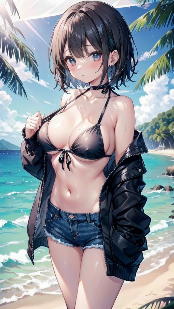 Shy woman blushing、She wears a black bikini with a black ribbon over her breast.、She is wearing a see-through cardigan、She is wearing navy blue denim hot pants、This is a beach on a southern island.、She has brown, short lob hair.