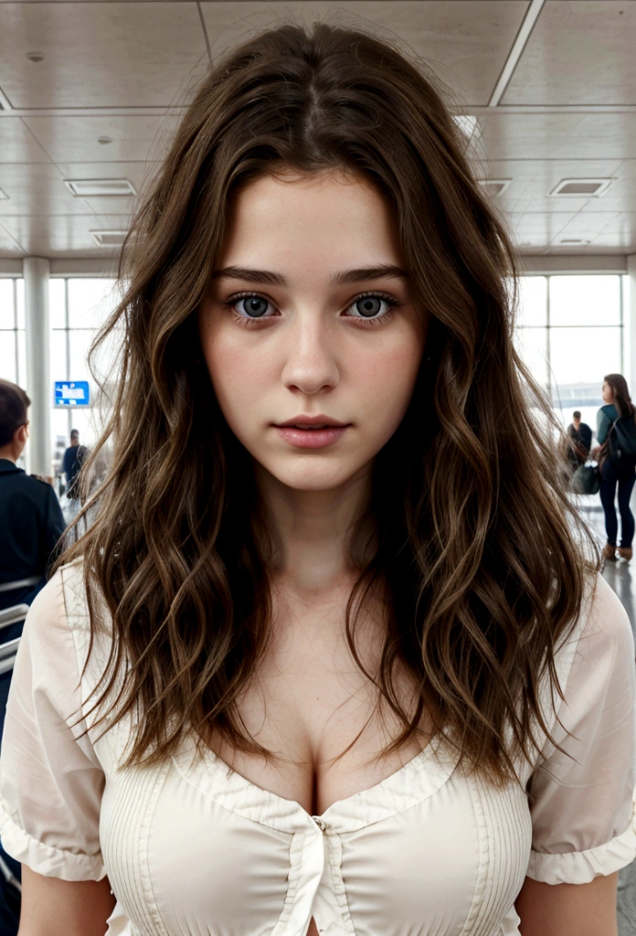 Young brunette woman Clara with wavy hair ::at the airport ::n_style digital painting, deformed parts, distorted face ::graine 1234