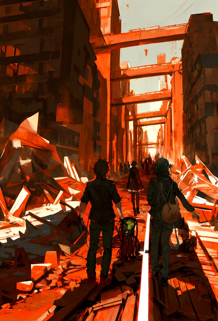 a destroyed city red and black with a giant shadow see form far