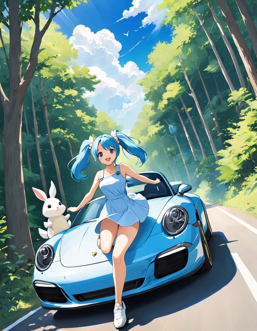 Light blue long hair、Beautiful girl with twin tails、Driving a white Porsche through the woods、Running image、Splash Art、The squirrels and rabbits are watching、A large depiction of the girl、Depicting the whole car、blue sky、White cloud、Bright smile、