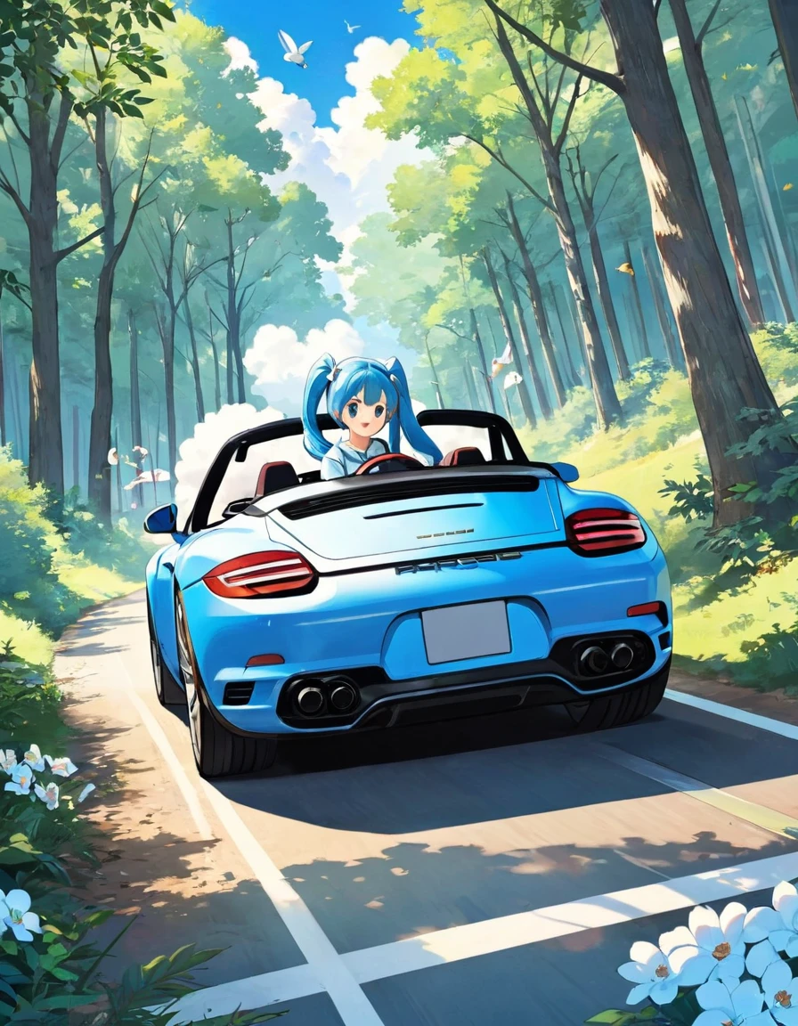 Light blue long hair、Beautiful girl with twin tails、Driving a white Porsche through the woods、Running image、Splash Art、The squirrels and rabbits are watching、A large depiction of the girl、Depicting the whole car、blue sky、White cloud、Bright smile、