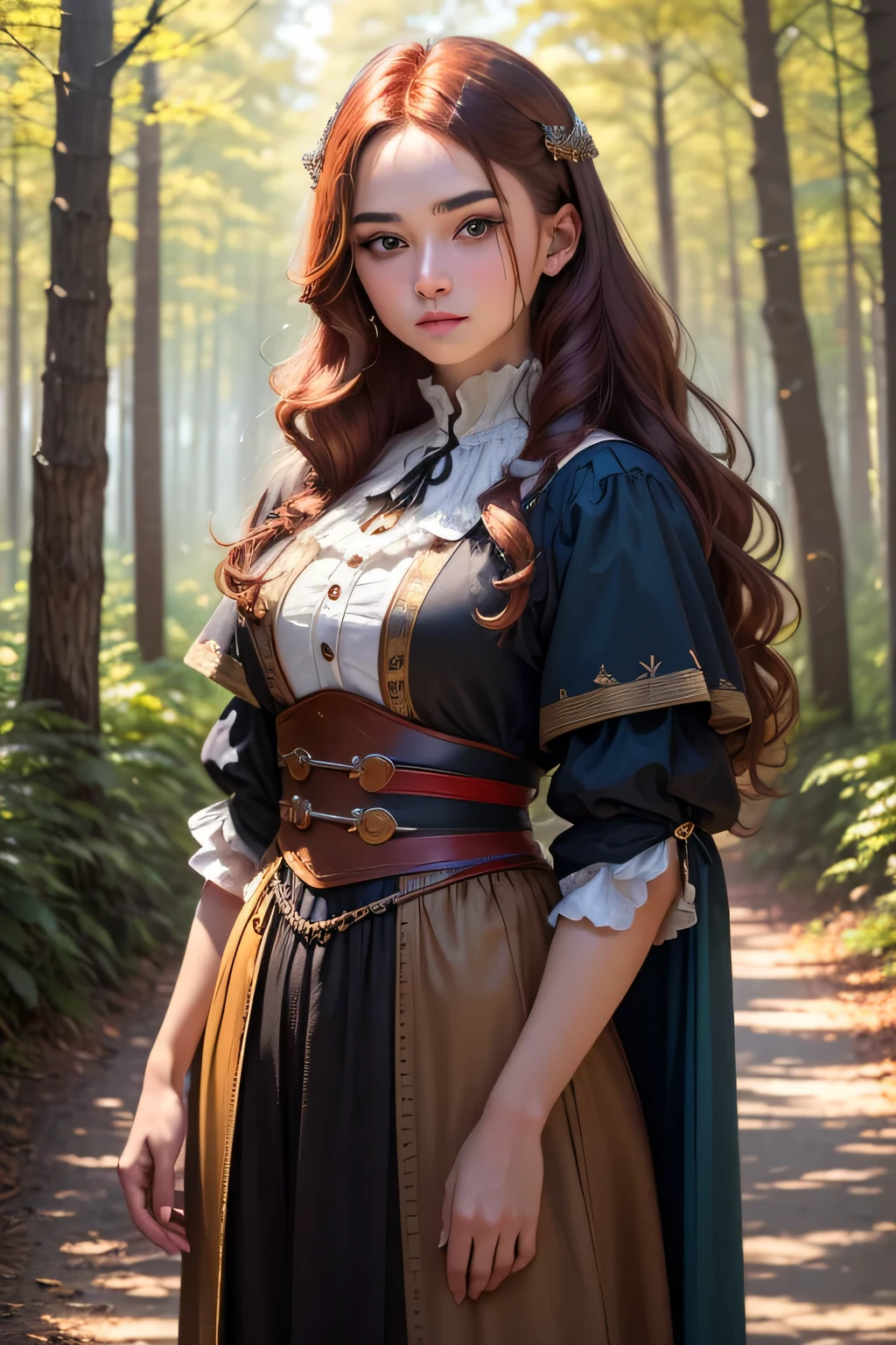 ((best quality)), ((masterpiece)), (detailed), Prize-winning works, with incredible details, maximum textures and details, uhd ,super resolution , 1 portrait of a red-haired girl,beautiful face, standing on a path in a magical forest, developing hair, wavy, wearing a medieval dress ,fully body ( old young man :1.1,detailedeyes, face detailed, whole body:1.1,the background is a forest ),(best qualityer:1.2,ultra detali:1.1,realisitic:1.37) ,eyeshadows,sharp focus,swirly vibrant colors,), (twilight), 8K