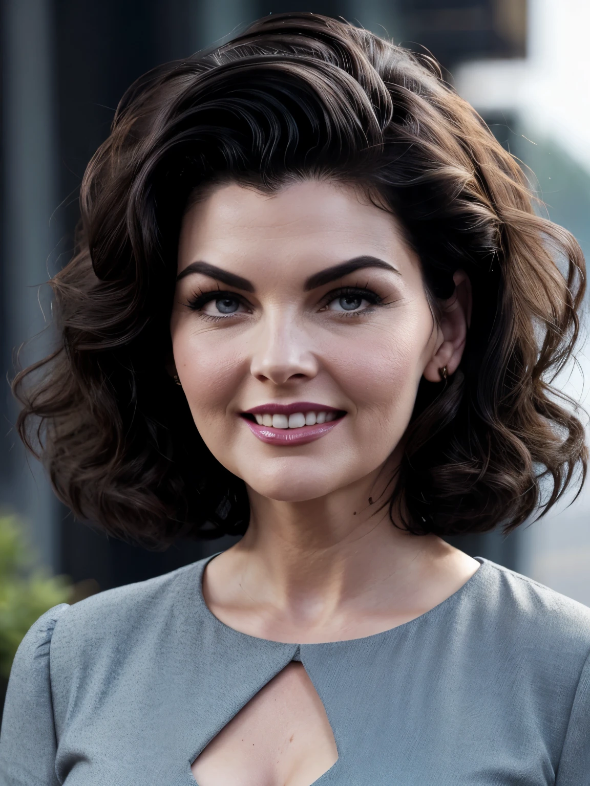 Audrey Horne (Sherilyn Fenn) from the 1990 Twin Peaks series, resemblance to the actress as in the show, thick and bouffant hair, closed bodysuit, blue eye, small fly opposite left eye, 90's, mole under eye, light smile, closed mouth, brown hair, hair behind ear, short hair, hair one side up, big hair, expressive hair, bob cut, hair spread out, floating hair, bokeh, UHD, best quality