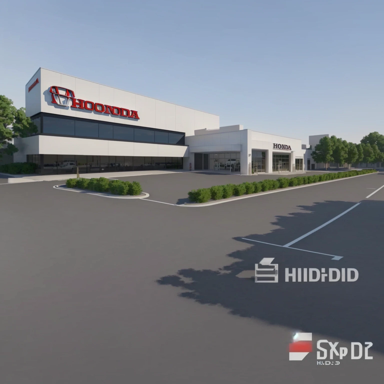 a rendering of a honda dealership with a sign that says hild did, hq render, hd digital render, sharp hq rendering, hd render, hdrp render, wide angle exterior 2022, hyper real render, hi-res scan, hi - res scan, 3 d hyper realistic render, mid-view, high render, hq very detailed