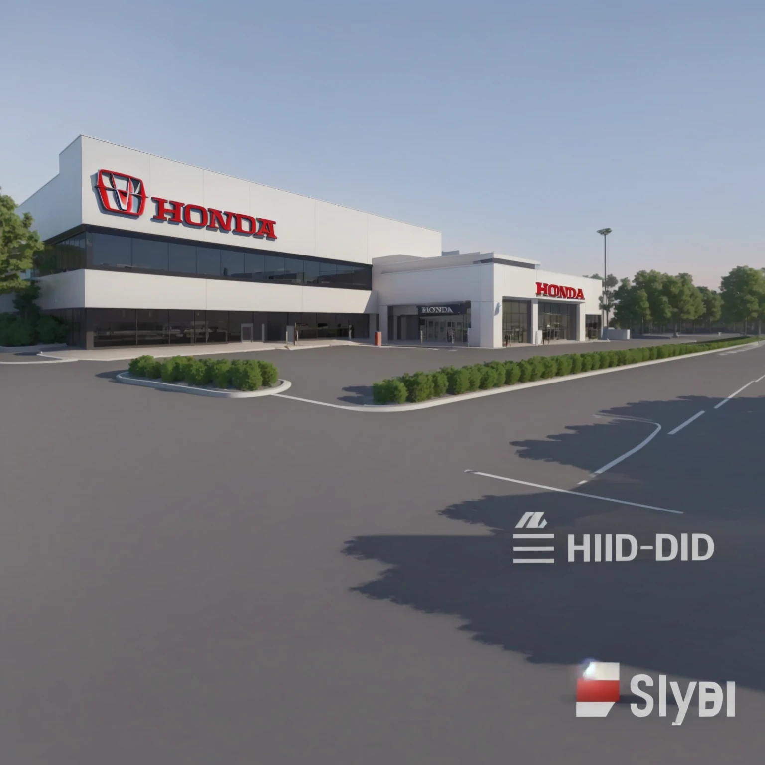 a rendering of a honda dealership with a sign that says hild did, hq render, hd digital render, sharp hq rendering, hd render, hdrp render, wide angle exterior 2022, hyper real render, hi-res scan, hi - res scan, 3 d hyper realistic render, mid-view, high render, hq very detailed
