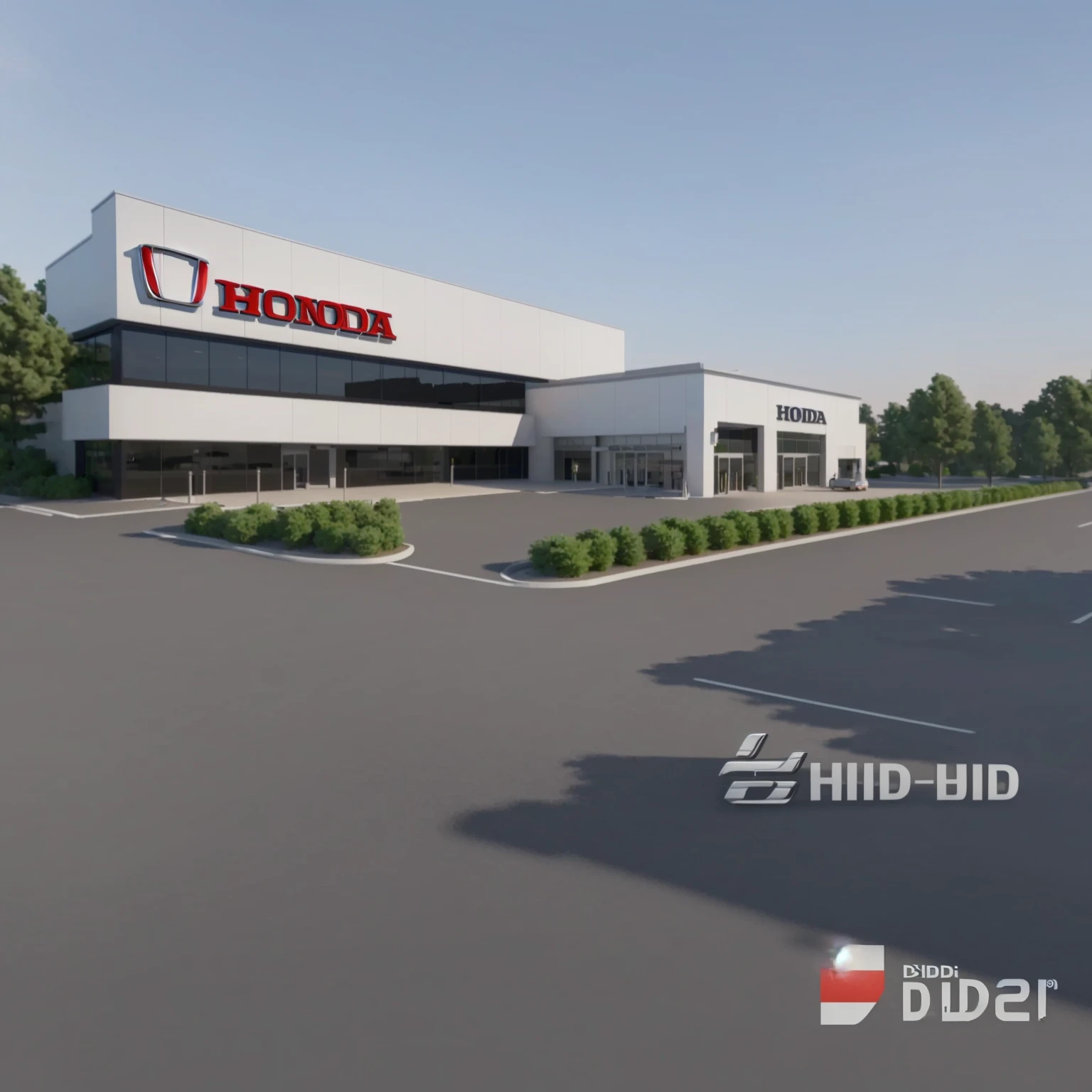 a rendering of a honda dealership with a sign that says hild did, hq render, hd digital render, sharp hq rendering, hd render, hdrp render, wide angle exterior 2022, hyper real render, hi-res scan, hi - res scan, 3 d hyper realistic render, mid-view, high render, hq very detailed