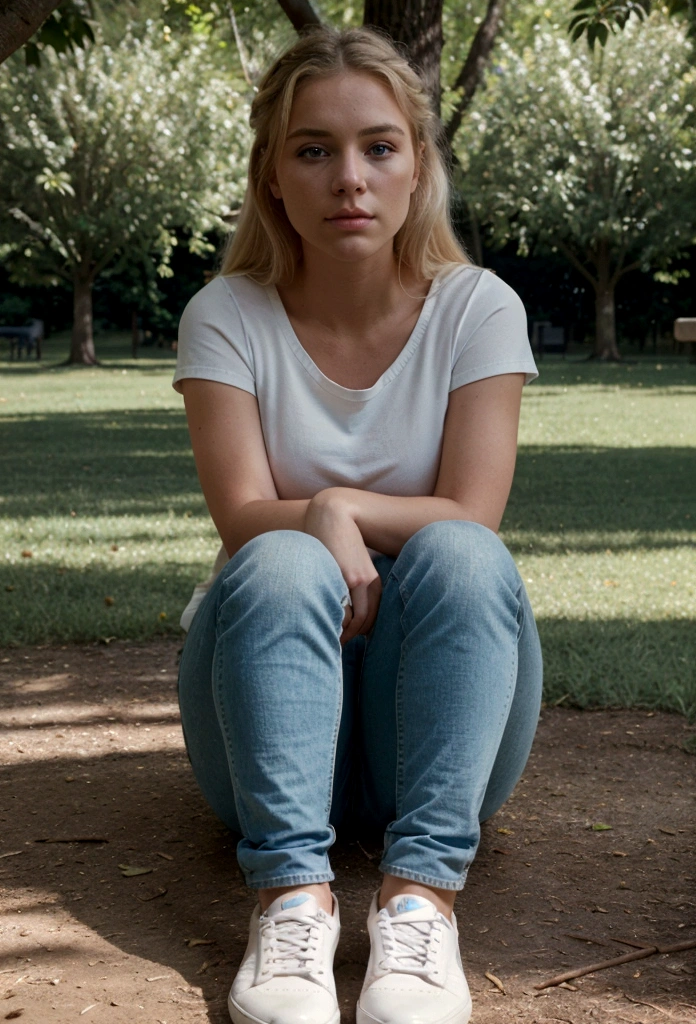 gorgeous young blond woman, in a park, sitting on the grass, wearing a jeans with light blue t-shirt and wearing nike white shoes, full body, beautiful face, masterpiece, best quality, ultra-detailed, solo, shadows, contrast, cinematic light, side lighting, ultra high resolution, best shadow, RAW, 4k, 85 mm, poca profundidad de campo, Kodak Vision Color, extremadamente detallado, Cinematographer_(ultra, photorealistic, Realistic, Postproceso, Maximum details, aspereza, vida real, ultra realista, fotorrealismo, Cinematographer, 8k UHD, Cinematographer