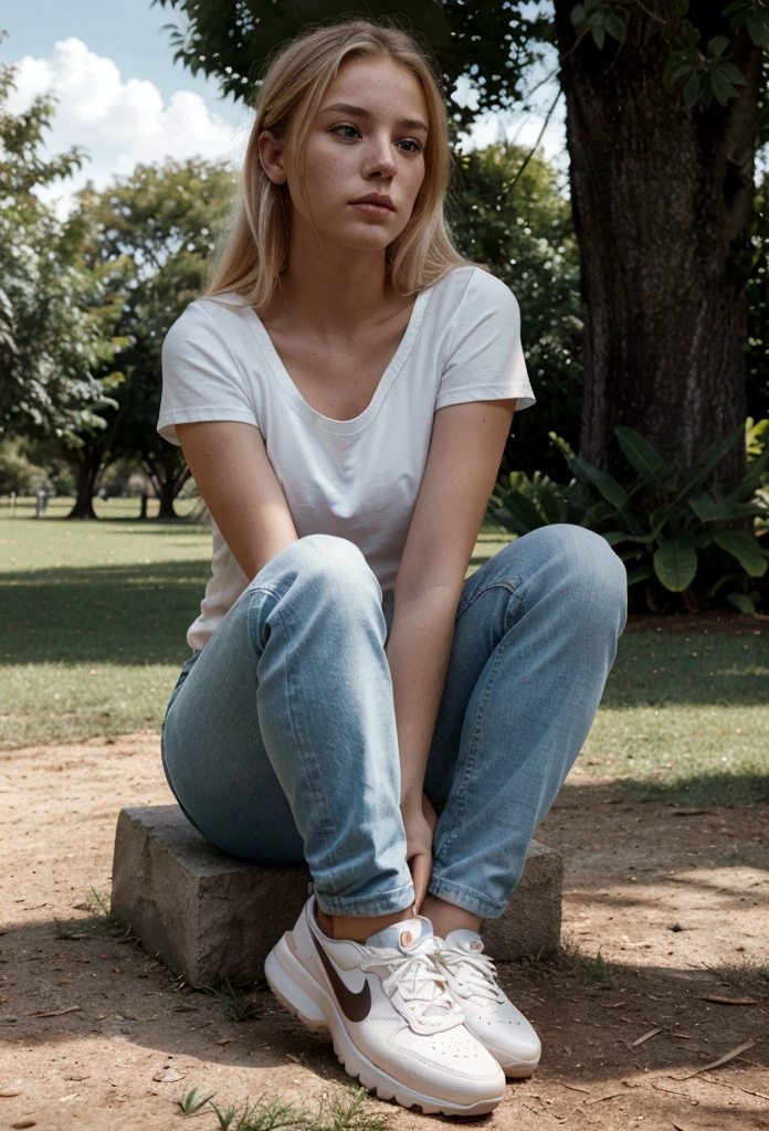 gorgeous young blond woman, in a park, sitting on the grass, wearing a jeans with light blue t-shirt and wearing nike white shoes, full body, beautiful face, masterpiece, best quality, ultra-detailed, solo, shadows, contrast, cinematic light, side lighting, ultra high resolution, best shadow, RAW, 4k, 85 mm, poca profundidad de campo, Kodak Vision Color, extremadamente detallado, Cinematographer_(ultra, photorealistic, Realistic, Postproceso, Maximum details, aspereza, vida real, ultra realista, fotorrealismo, Cinematographer, 8k UHD, Cinematographer
