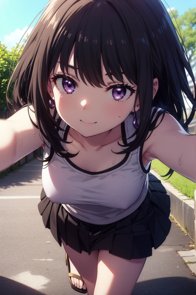 Takiuchikami, Check it out, Long Hair, bangs, Black Hair, (Purple eyes:1.2),happy smile, smile, Close your mouth,Sweat,White Tank Top,Checked skirt, Heeled Sandals,Walking,Daytime,Clear skies,whole bodyがイラストに入るように,
break outdoors, countryside,
break looking at viewer, whole body,
break (masterpiece:1.2), Highest quality, High resolution, unity 8k wallpaper, (figure:0.8), (Beautiful attention to detail:1.6), Highly detailed face, Perfect lighting, Highly detailed CG, (Perfect hands, Perfect Anatomy),