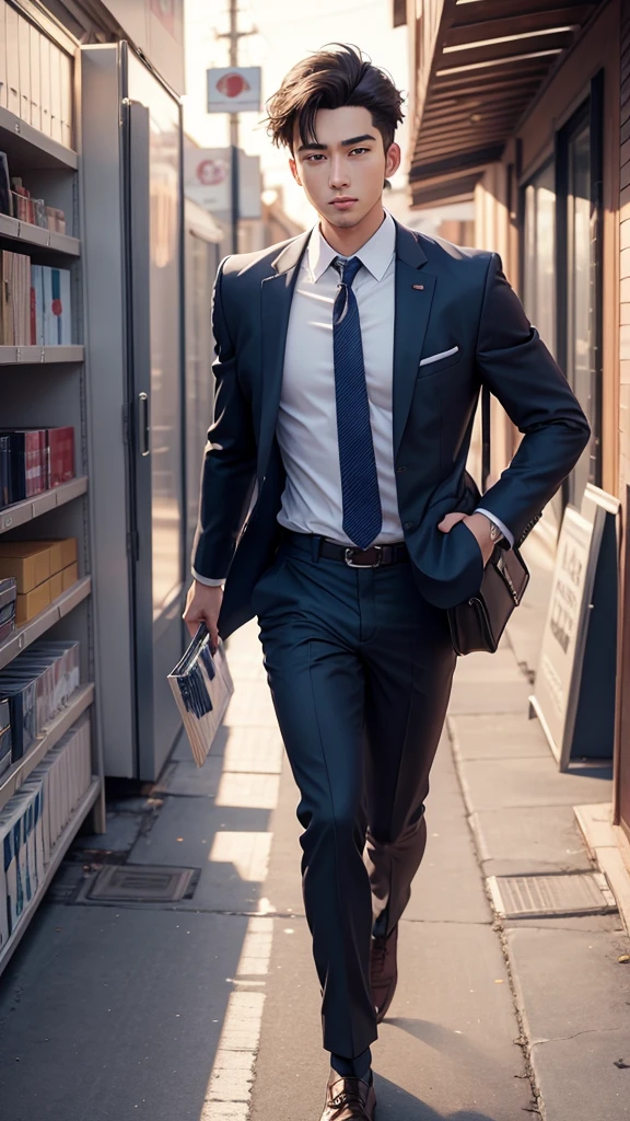 3DCG illustration、Ghibli style、A 27-year-old male employee in a suit running with a bag