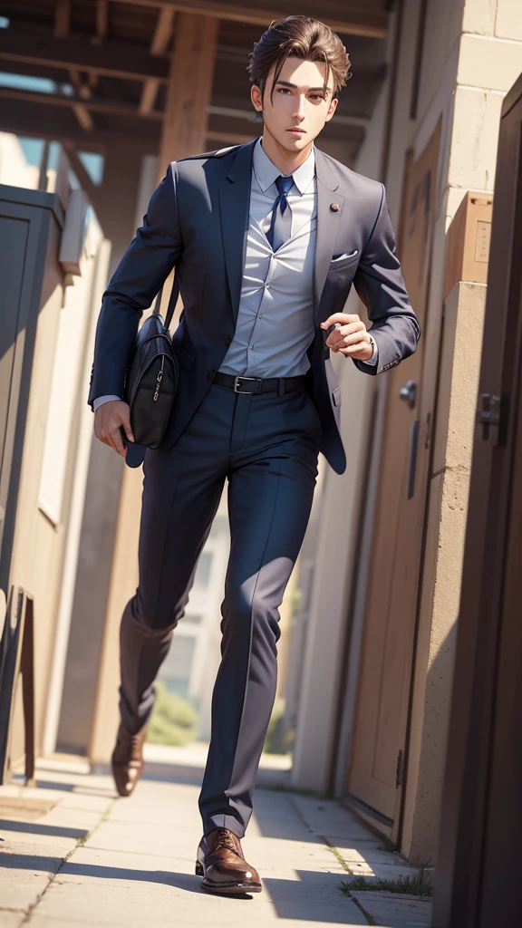 3DCG illustration、Ghibli style、A 27-year-old male employee in a suit running with a bag