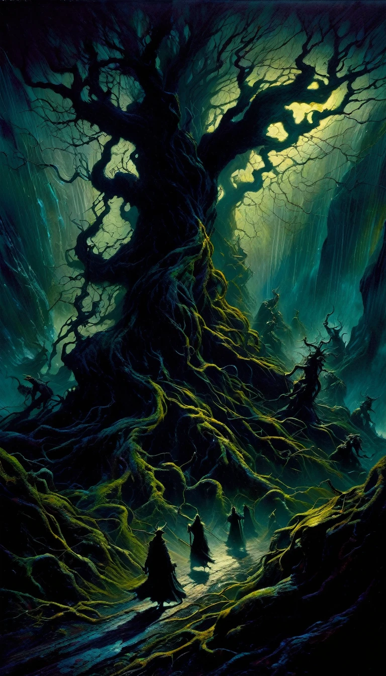 a hellish road, dark and foreboding, twisted trees and demonic figures, gnarled roots and jagged rocks, dramatic lighting, moody colors, deep shadows, oil painting, vibrant brushstrokes, chiaroscuro, hyper-detailed, cinematic, inspired by the dark and visceral art of Simon Bisley and Bill Sienkiewicz, (best quality,4k,8k,highres,masterpiece:1.2),ultra-detailed,(realistic,photorealistic,photo-realistic:1.37),dramatic lighting,moody colors,deep shadows,cinematic,dark fantasy,horror,grunge,gritty,brooding