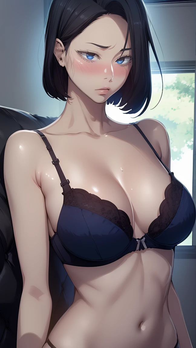 fubuki, fubuki, Dark green hair, Green Eyes, short hair, (Large Breasts:1.2),slender, (Black underwear:1.3), (Black Panties), Portrait Shot, Beautiful body,arms behind back, (Chest Focus), Close-up shot, (cowboy shot:1.3), break indoors, office, break looking at viewer, break (masterpiece:1.4), Highest quality, High resolution, unity 8k wallpaper, (figure:0.8), (Beautiful attention to detail:1.4), Bright room,Highly detailed face, Perfect lighting, Highly detailed CG, (Perfect hands, Perfect Anatomy), A proud smile