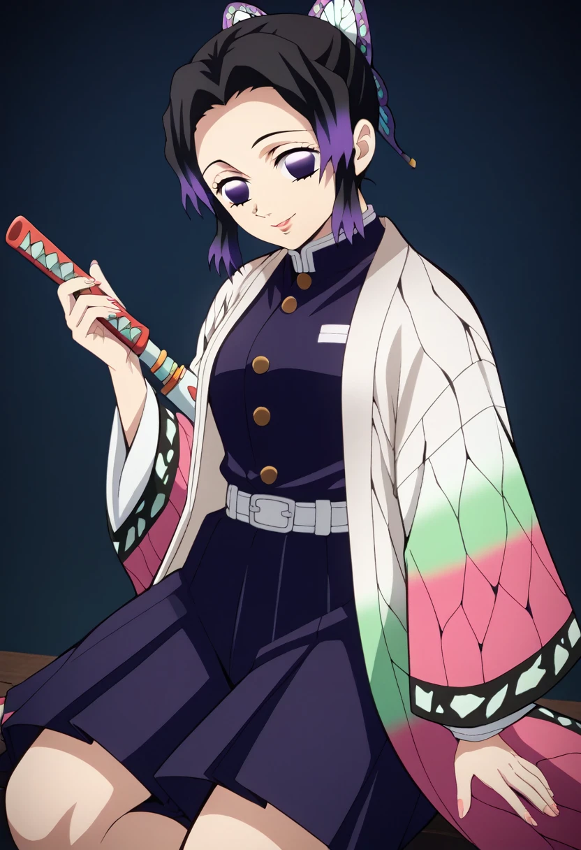 KShinobuXLV4, score_7_up, BREAK source_anime, 1girl, solo, looking at viewer, demon slayer uniform, japanese clothes, haori, weapon, feet