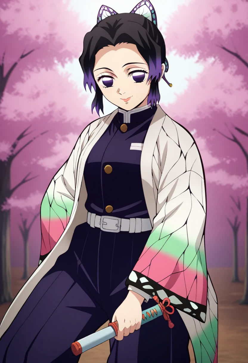 KShinobuXLV4, score_7_up, BREAK source_anime, 1girl, solo, looking at viewer, demon slayer uniform, japanese clothes, haori, weapon, feet