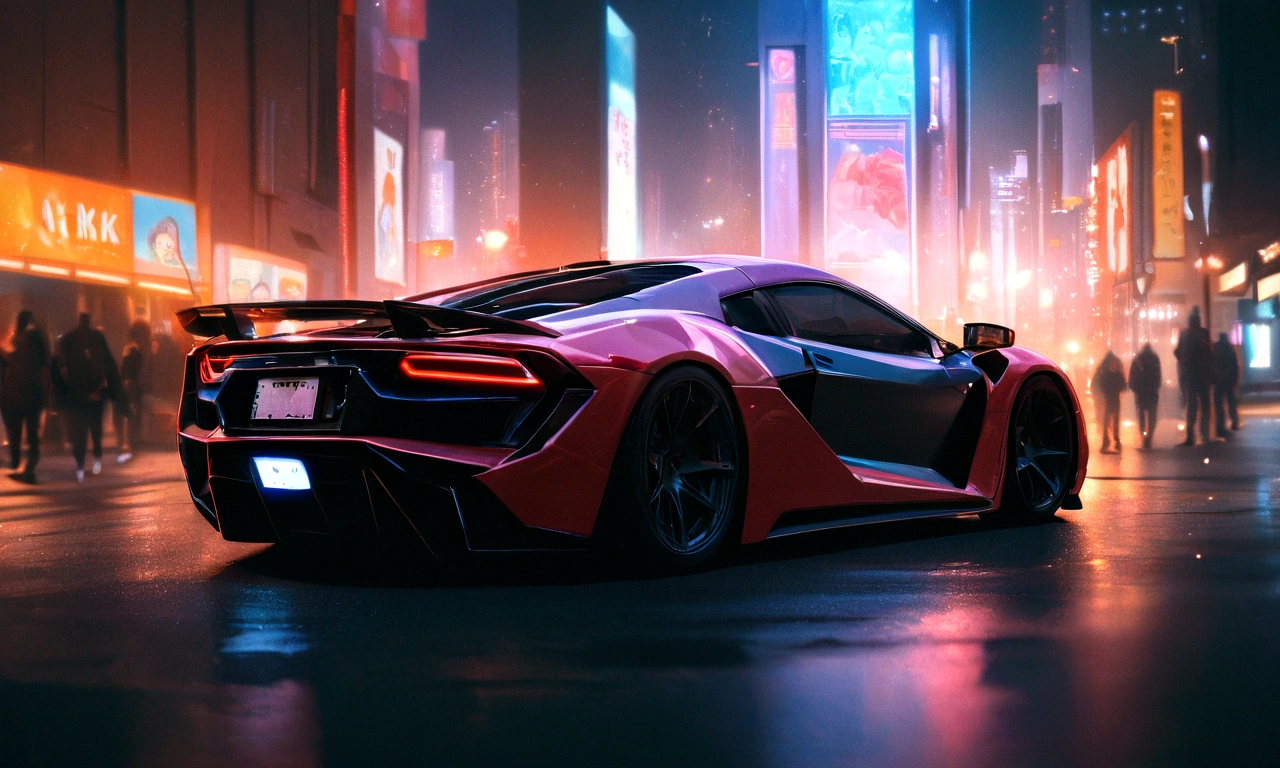 Background cyberpunk with sports car, futuristic city, syntwave, Lighting, (masterpiece:1.0),(best_quality:1.0), ultra high res,4K,ultra-detailed, photography, 8K, HDR, highres, absurdres:1.2, Kodak portra 400, film grain, blurry background, bokeh:1.2, lens flare, (vibrant_color:1.2), best quality:1.4, intricate details, sharp focus, highres, eleborate atmosphere:0.90, 8K, 4K, UHD, 32k UHD resolution, realistic photo, professional photography, Ultra Detailed 8K CG, ultra high res, High quality texture, High quality shadows, vivid colors, sci-fi, city, night