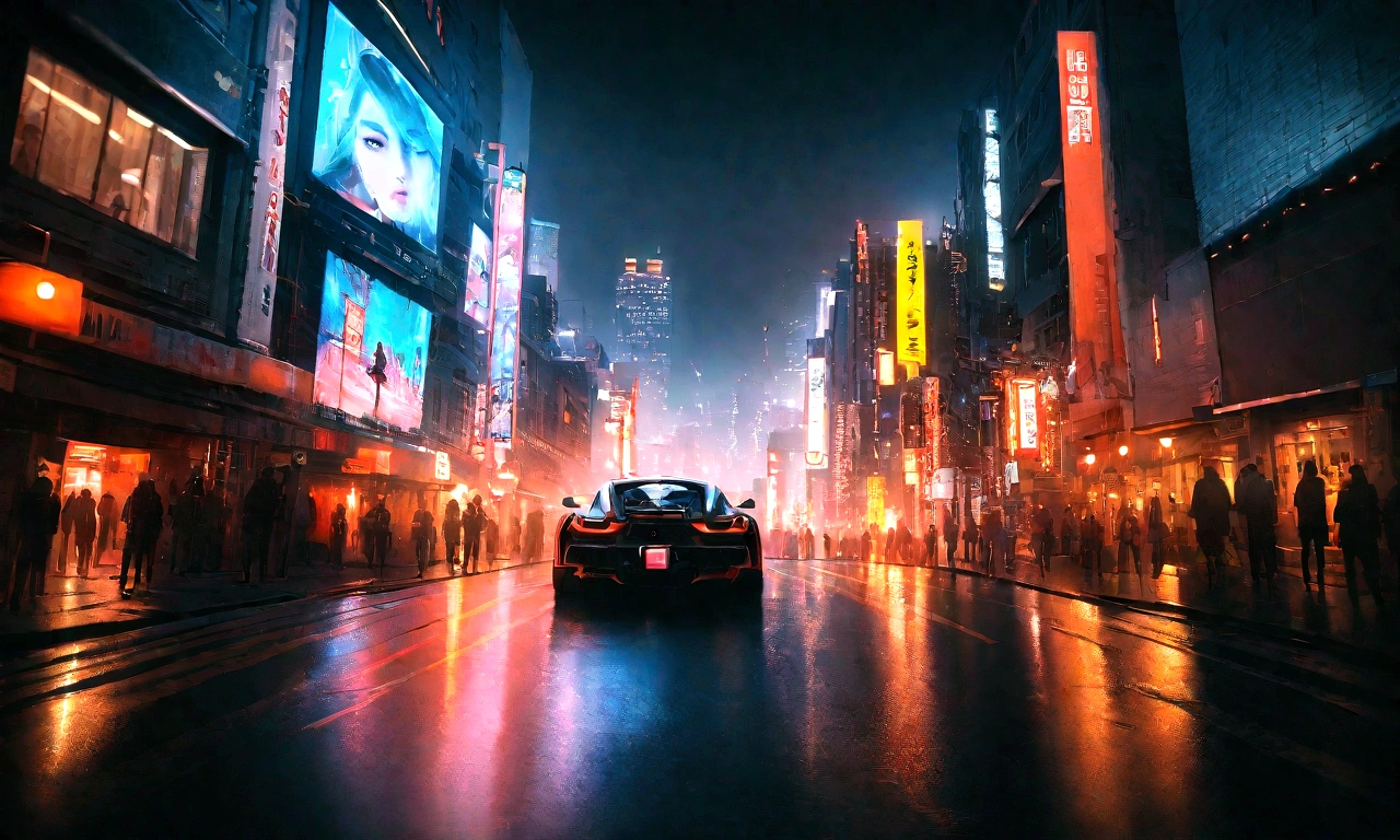 Background cyberpunk with sports car, futuristic city, syntwave, Lighting, (masterpiece:1.0),(best_quality:1.0), ultra high res,4K,ultra-detailed, photography, 8K, HDR, highres, absurdres:1.2, Kodak portra 400, film grain, blurry background, bokeh:1.2, lens flare, (vibrant_color:1.2), best quality:1.4, intricate details, sharp focus, highres, eleborate atmosphere:0.90, 8K, 4K, UHD, 32k UHD resolution, realistic photo, professional photography, Ultra Detailed 8K CG, ultra high res, High quality texture, High quality shadows, vivid colors, sci-fi, city, night