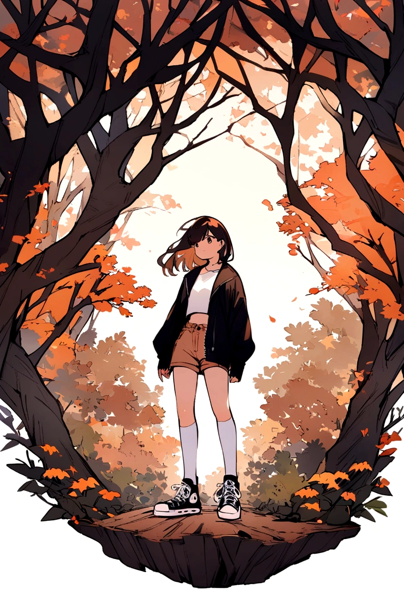 a forest background in front of a girl wearing a black jacket, white top, brown shorts, white thigh high socks and black converse sneakers.