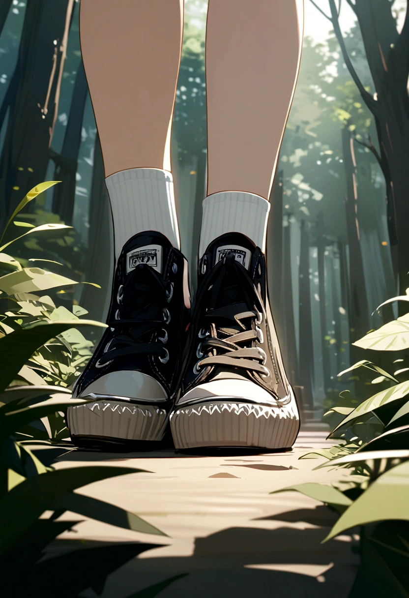 a forest background in front of a girl wearing a black jacket, white top, brown shorts, white thigh high socks and black converse sneakers.