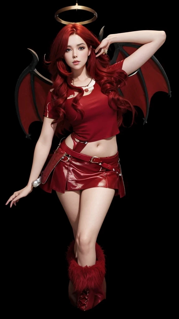 A beautiful girl in full body, with a red crop top, with a red skirt, with red dragon wings, with red furry boots and with long red hair.