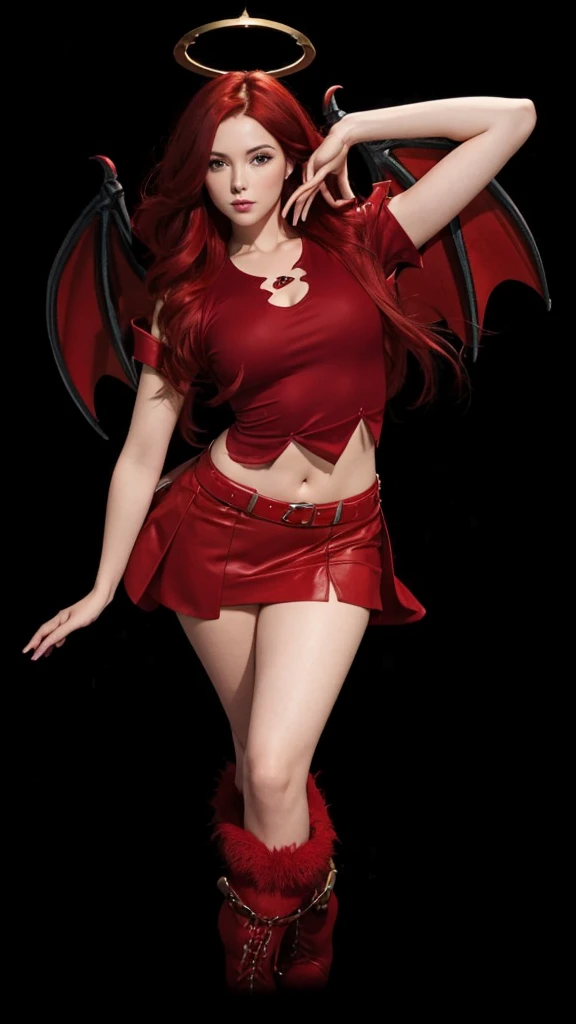 A beautiful girl in full body, with a red crop top, with a red skirt, with red dragon wings, with red furry boots and with long red hair.