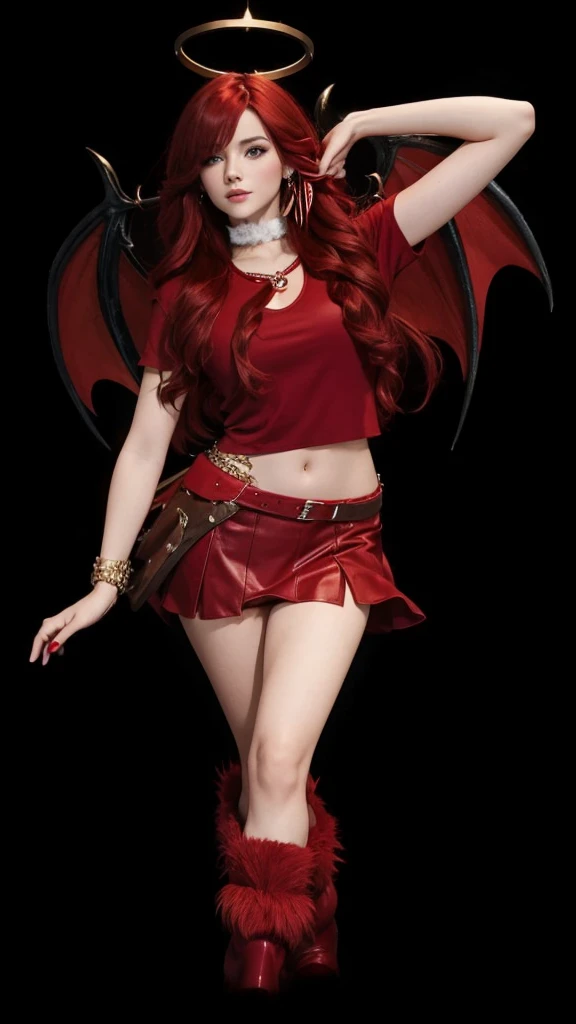 A beautiful girl in full body, with a red crop top, with a red skirt, with red dragon wings, with red furry boots and with long red hair.