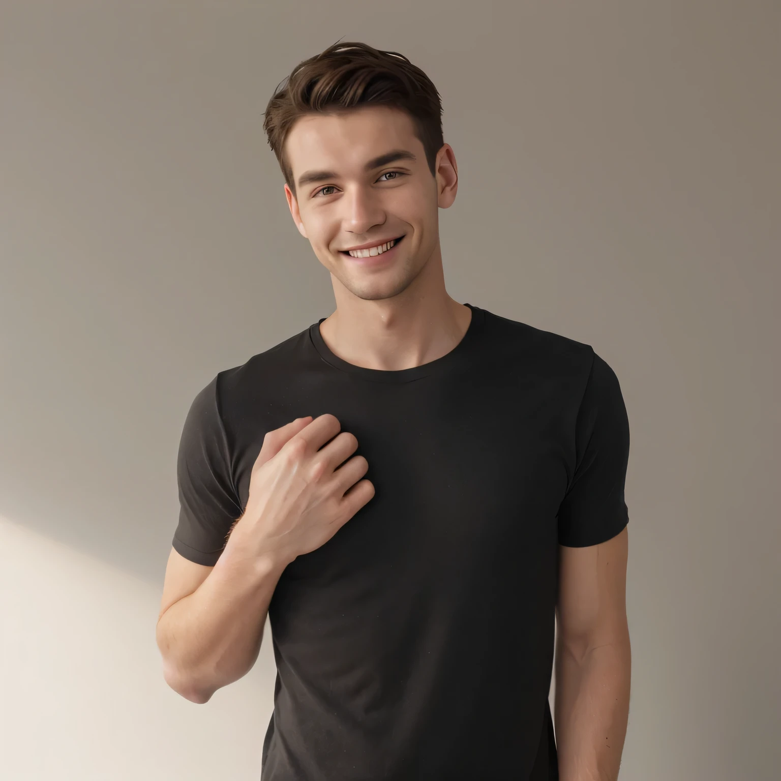 Young man, smiling, confident look, black t-shirt, neat and professional appearance, blurred neutral background, soft and natural lighting, upright and open posture, friendly and approachable expression, clean hairstyle.