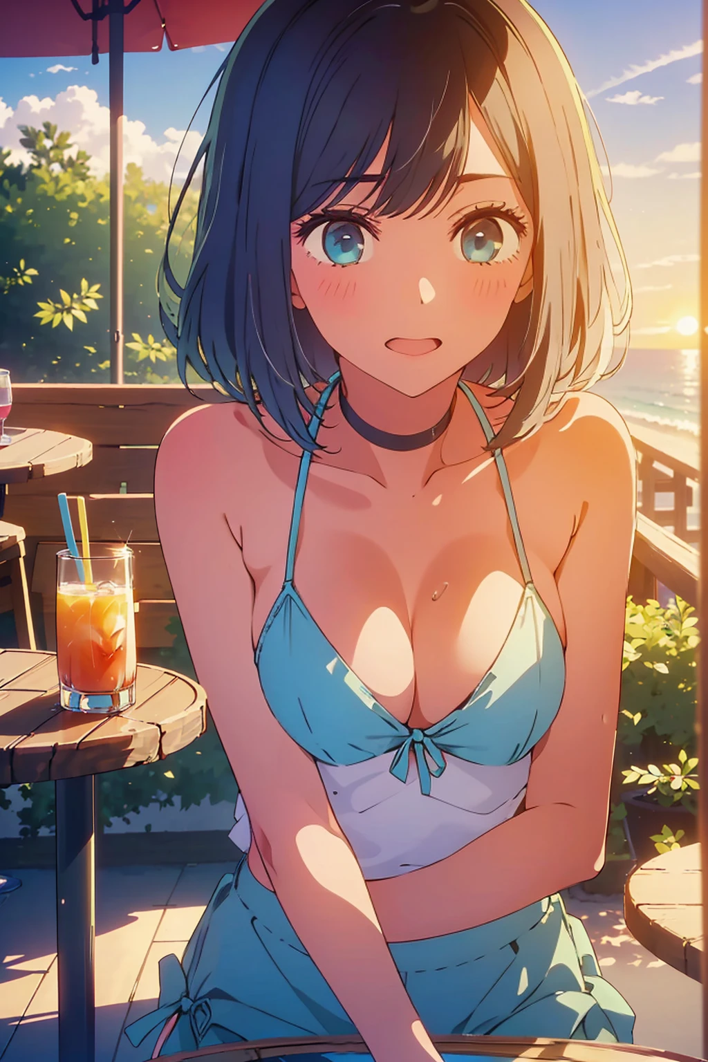 (Highest quality:1.4、masterpiece:1.4、Super detailed:1.4、8K:1.4)、Slim body、((((1 person、Surprised expression、sit、Outdoor café terrace、coastal、juice、table、Sandy Beach、bikini、juiceのグラスを持つ、Big eyes、Shallow depth of field、Very cute face))))、((sunset、Sunset))、bikiniサイズは小さい、F cup bust、Big Breasts、Get up close and take a photo
