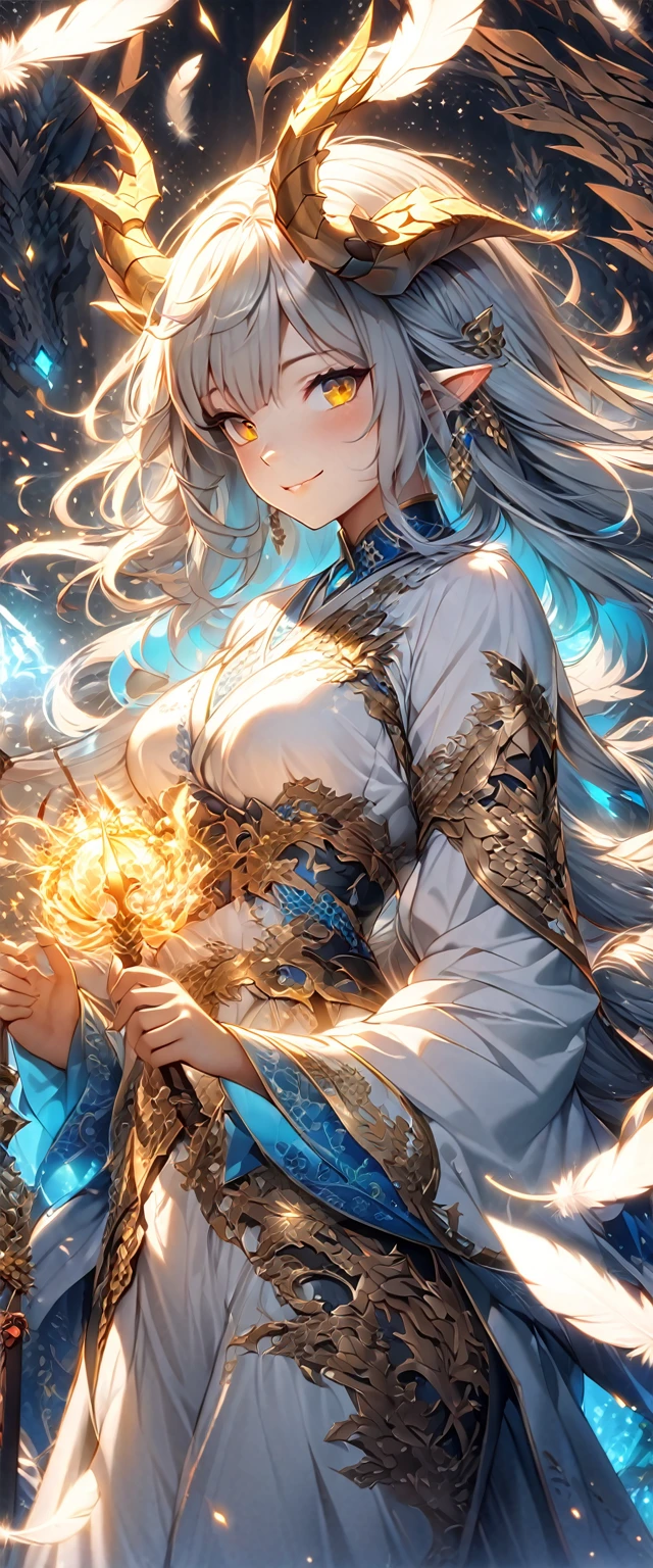 masterpiece,highly detailed,best quaility,illustration,girl,solo,double dark golden dragon horns,bishoujo,detailed lightcyan hair,detailed dark golden eyes,points of light,scattered lightcyan fire,coiled dragon,floating hair,too many scatter sparks,many extremely winding feathers,backlight,smile,(lightcyan dragon),(dragon girl),lightcyan,(cowboy_shot)