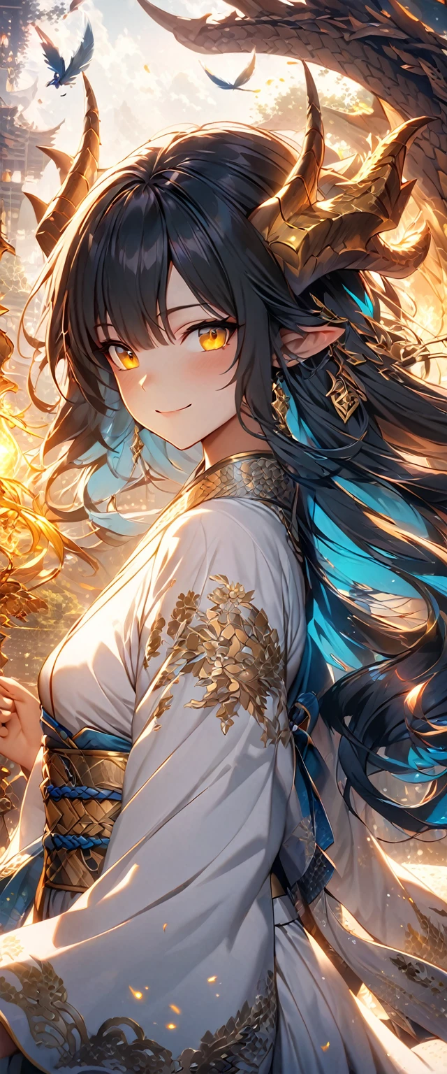 masterpiece,highly detailed,best quaility,illustration,girl,solo,double dark golden dragon horns,bishoujo,detailed lightcyan hair,detailed dark golden eyes,points of light,scattered lightcyan fire,coiled dragon,floating hair,too many scatter sparks,many extremely winding feathers,backlight,smile,(lightcyan dragon),(dragon girl),lightcyan,(cowboy_shot)