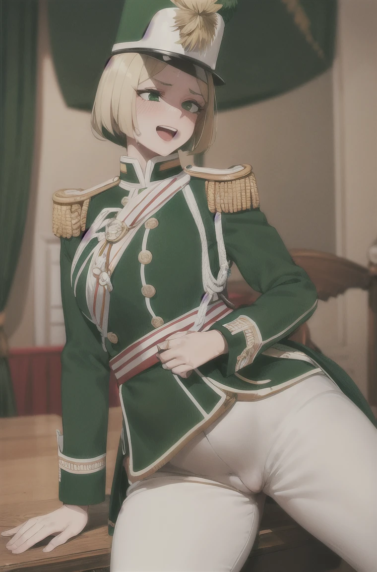 masterpiece, Highest quality, Absurd, High resolution, Very detailed, One Girl, army_uniform, uniform, Sitting, have, Epaulettes ,army, white_pants, green_Jacket,shako have,Napoleon, Infantry Regiment,green coat, green and white hackle, green and white plume, Blonde Bob Cut, green eyes, Conceit, Apply blush all over the face, Large Breasts, slightly larger hips, Tight waist, In a retro room,Pussy,Seduce,wet Pussy,Wet pussy、show、Love juice,Vaginal hole ,Have sex,Excited