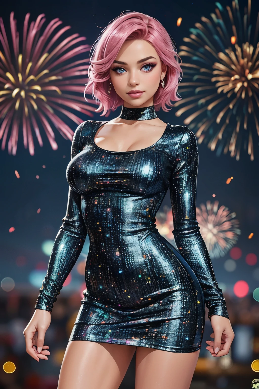 (ultra realistic,32k, masterpiece:1.2),(high detailed skin:1.1),( high quality:1.1),
(looking at viewer, standing,:1.1),,
(iridescence:1.1),glitter, sparkling, blank background fireworks, blurry background,
BREAK 1girl, pink hair, (aqaua blue eyes:0.8),(makeup, mascara:0.9), (thick\lips\), (smile:0.6), , BREAK Solid Scoop Neck Bodycon Dress,long sleeves, (beautiful breast:0.9),BREAK Bodycon dress