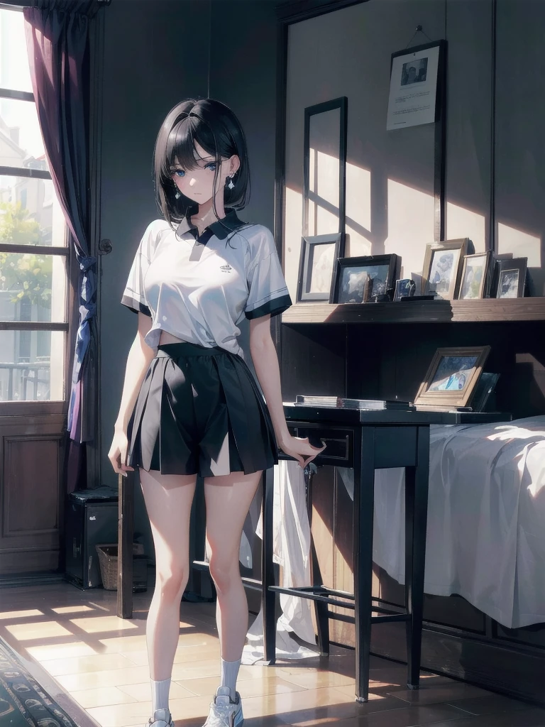 absurdres, RAW photo, extremely delicate and beautiful, masterpiece, Best Quality, ultra high resolution, 32k, hyperrealistic, ultra-detailed, in her 20s, delicate facial features, tearful mole, earring, medium breasts, full body shot, shorter middle hair, black hair, tennis uniform, shirt, shorts,