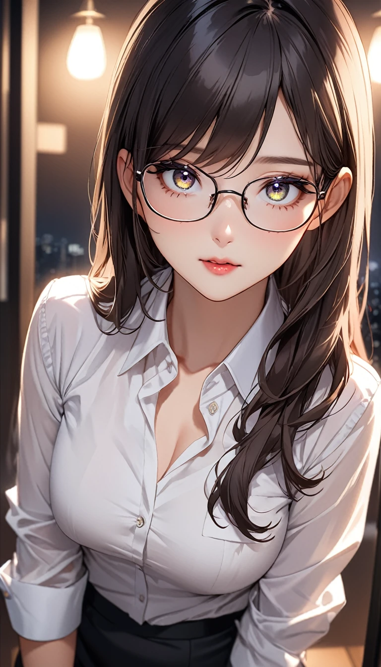 (((masterpiece))),(((high resolution)))、((beautiful woman))、(((Korean Secretary)))、(30 years old), (((business shirt)))、(cute)、night、standing and looking at me, (((high resolution face))), (((high resolution eyes)))