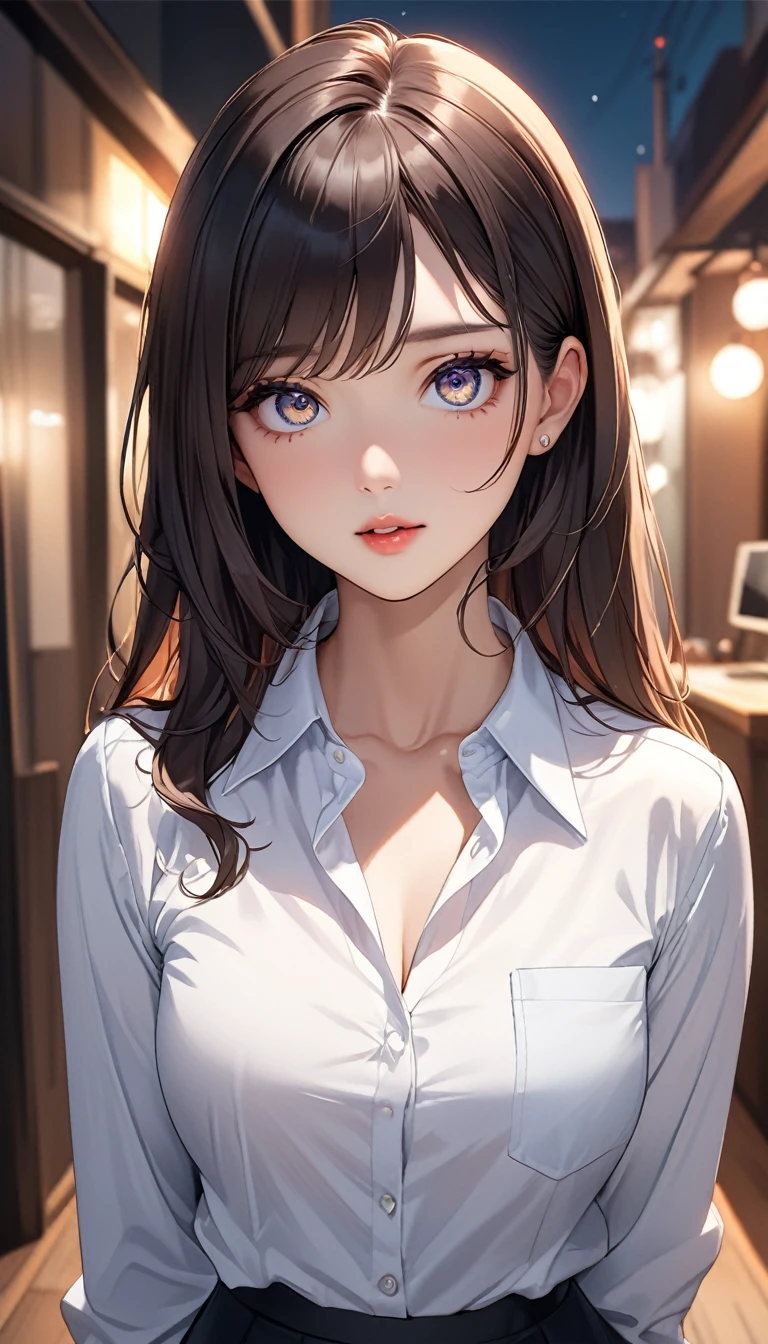 (((masterpiece))),(((high resolution)))、((beautiful woman))、(((Korean Secretary)))、(30 years old), (((business shirt)))、(cute)、night、standing and looking at me, (((high resolution face))), (((high resolution eyes)))