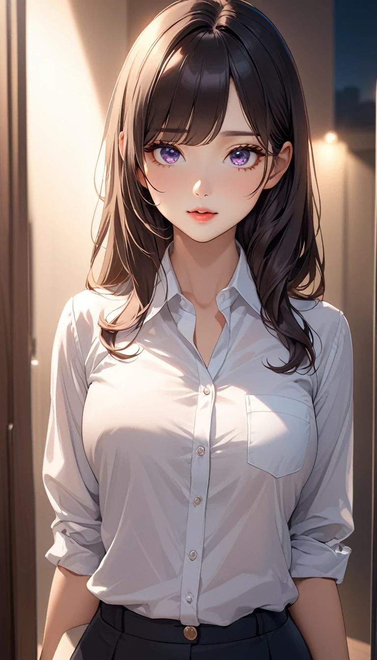 (((masterpiece))),(((high resolution)))、((beautiful woman))、(((Korean Secretary)))、(30 years old), (((business shirt)))、(cute)、night、standing and looking at me, (((high resolution face))), (((high resolution eyes)))